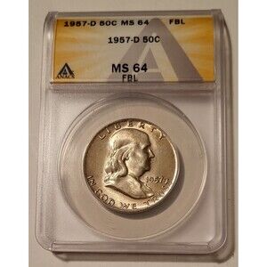 1957 D Franklin Half Dollar MS64 FBL ANACS Toning